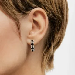 Silver Color Pills Hoop earrings with onyx