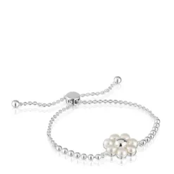 Silver flower and cultured pearls chain Bracelet Sugar Party