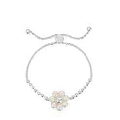 Silver flower and cultured pearls chain Bracelet Sugar Party