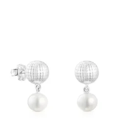 Silver St. Tropez Disco bear ball Earrings with cultured pearl