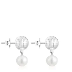 Silver St. Tropez Disco bear ball Earrings with cultured pearl