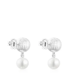Silver St. Tropez Disco bear ball Earrings with cultured pearl