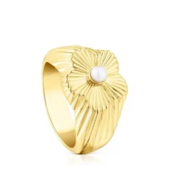 Silver vermeil flower Signet ring with cultured pearl Iris Motif