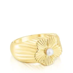 Silver vermeil flower Signet ring with cultured pearl Iris Motif