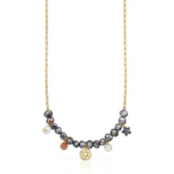Silver vermeil Magic Nature Necklace with gray pearls and gemstones