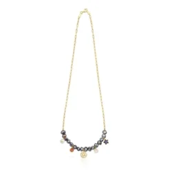 Silver vermeil Magic Nature Necklace with gray pearls and gemstones