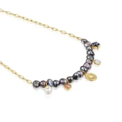 Silver vermeil Magic Nature Necklace with gray pearls and gemstones