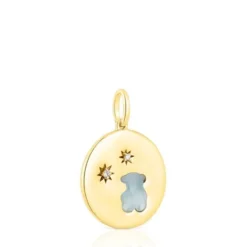 Silver vermeil Medallion pendant with diamonds and chalcedony bear Aelita