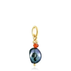 Silver vermeil Virtual Garden Pendant with treated cultured pearl and cornelian