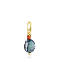 Silver vermeil Virtual Garden Pendant with treated cultured pearl and cornelian