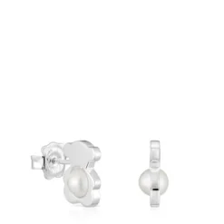 Small 12 mm silver bear Earrings with cultured pearls I-Bear