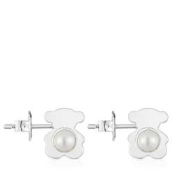 Small 12 mm silver bear Earrings with cultured pearls I-Bear