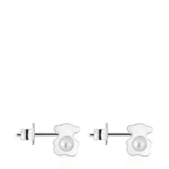 Small 8 mm silver bear Earrings with cultured pearls I-Bear
