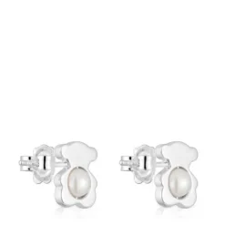 Small 12 mm silver bear Earrings with cultured pearls I-Bear