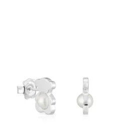Small 12 mm silver bear Earrings with cultured pearls I-Bear