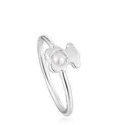 Small silver bear Ring with cultured pearl I-Bear