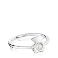 Small silver bear Ring with cultured pearl I-Bear