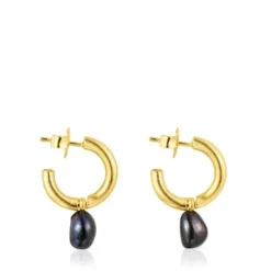Small silver vermeil Hav Hoop earrings with gray pearl
