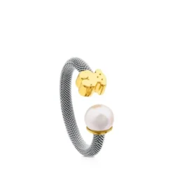 Steel and Gold TOUS Icon Mesh Ring with Pearl Bear motif