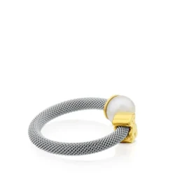 Steel and Gold TOUS Icon Mesh Ring with Pearl Bear motif