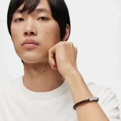 Steel TOUS Man Bracelet with brown leather