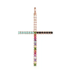 Straight cross Pendant in Rose Silver Vermeil with Gemstones