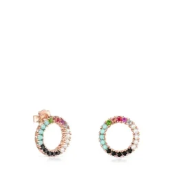 Straight large disc Earrings in Rose Silver Vermeil with Gemstones