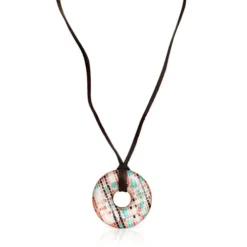 Tartan disc Necklace in Rose Silver Vermeil with Enamel and brown Leather