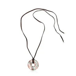 Tartan disc Necklace in Rose Silver Vermeil with Enamel and brown Leather