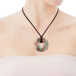 Tartan disc Necklace in Rose Silver Vermeil with Enamel and brown Leather