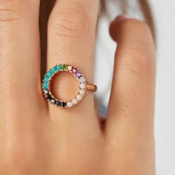 TOUS Straight disc Ring in Rose Silver Vermeil with muticolor Gemstones