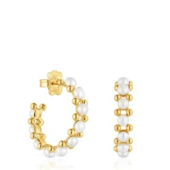 Triple Hoop earrings with 18kt gold plating over silver and cultured pearls Gloss