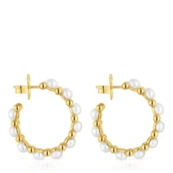 Triple Hoop earrings with 18kt gold plating over silver and cultured pearls Gloss
