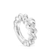 Twisted braided silver ring bear motif