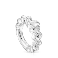 Twisted braided silver ring bear motif