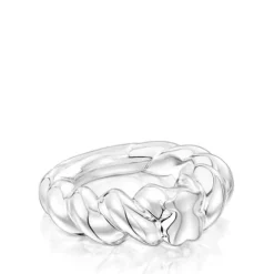 Twisted braided silver ring bear motif