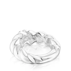 Twisted braided silver ring bear motif