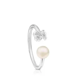 White Gold Puppies Ring with Diamond and Pearl