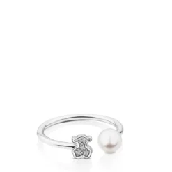 White Gold Puppies Ring with Diamond and Pearl